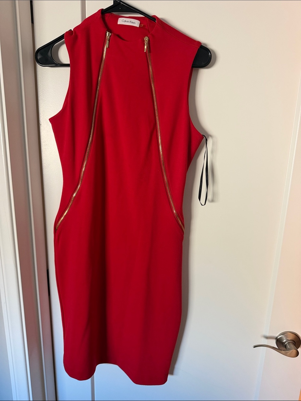 Calvin Klein Red Sleeveless Sheath Dress with Gold Zipper Detail